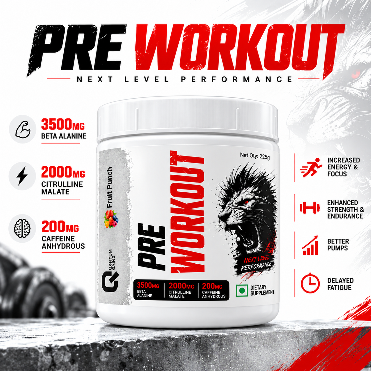 Pre Workout, Fruit Punch Flavour, 30 Servings